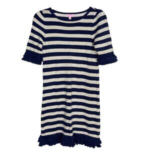 Lilly Pulitzer Girls XL 12-14 Navy Gold Striped Knit Ruffle Trim Sweater Dress
